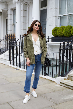 Green denim 2024 jacket outfit