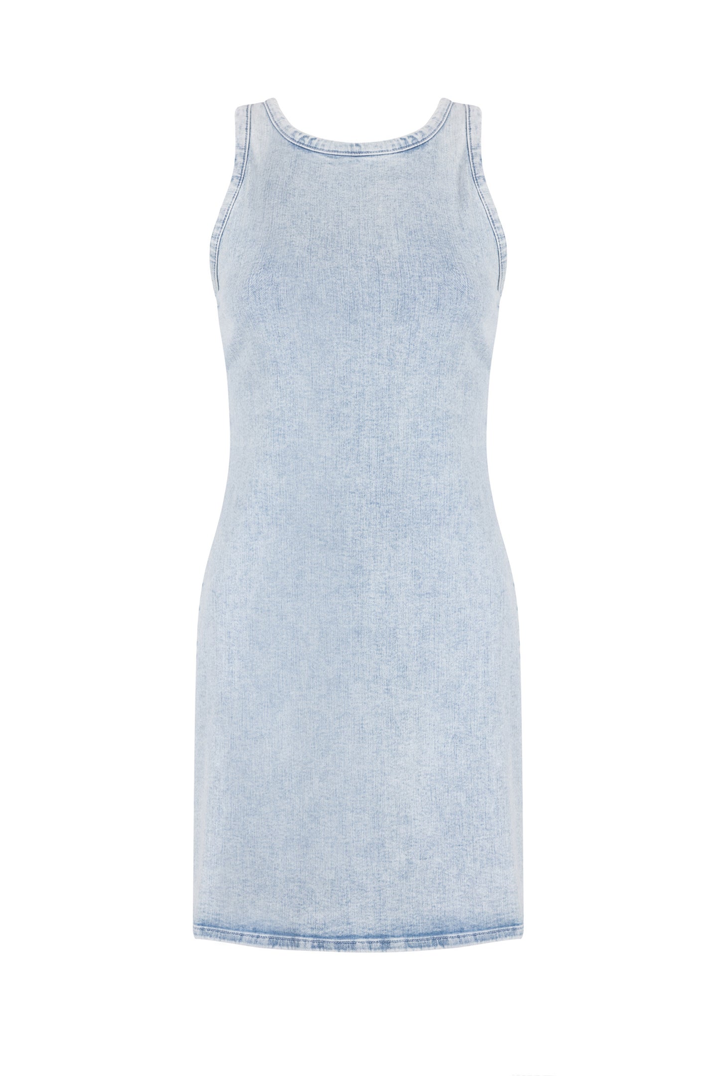 mini denim dress racer back zip light blue pearl