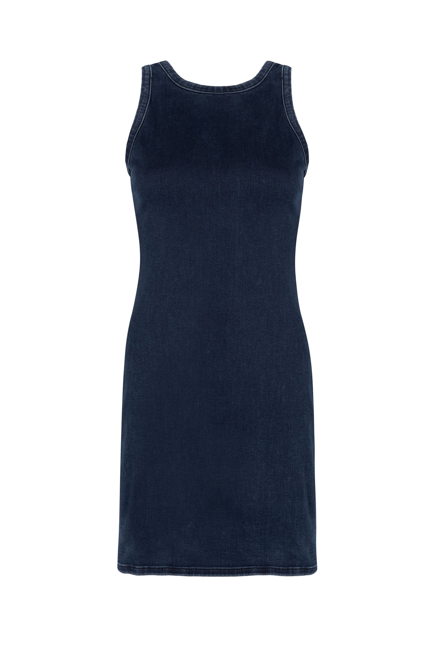 mini denim dress racer back zip dark blue pearl